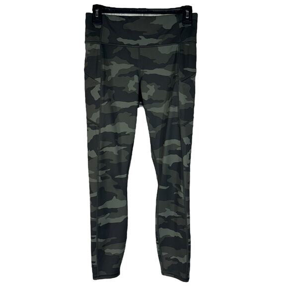 Athleta Small Camo Contender 7/8 Leggings Side Zip Pocket Drawstring Olive Green - Picture 1 of 9